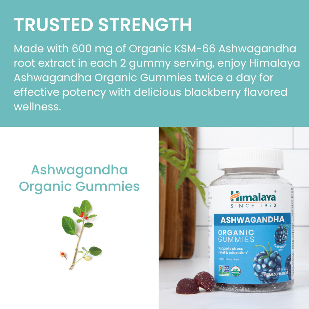 Himalaya Ashwagandha Gummies color from carrot and blueberry juice in bottle close-up.