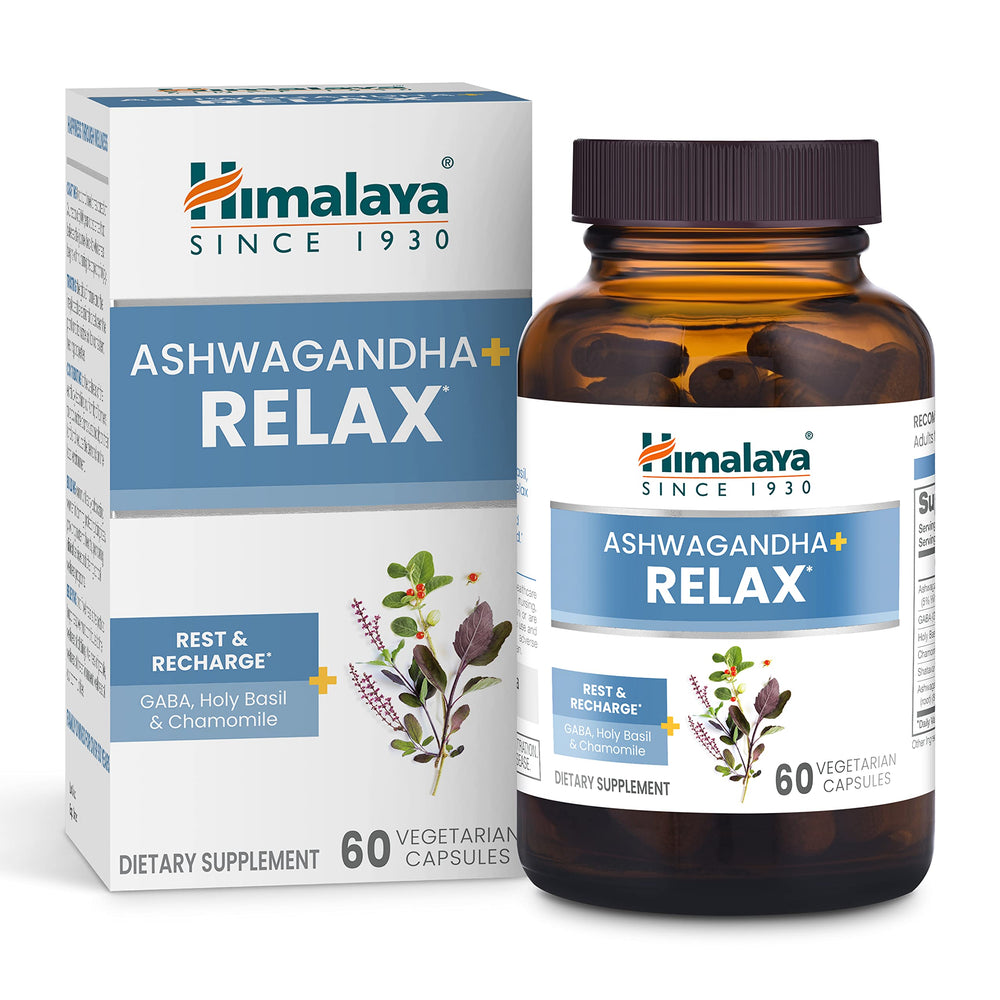 Himalaya Ashwagandha+ Relax bottle highlighting vegan formula for stress support