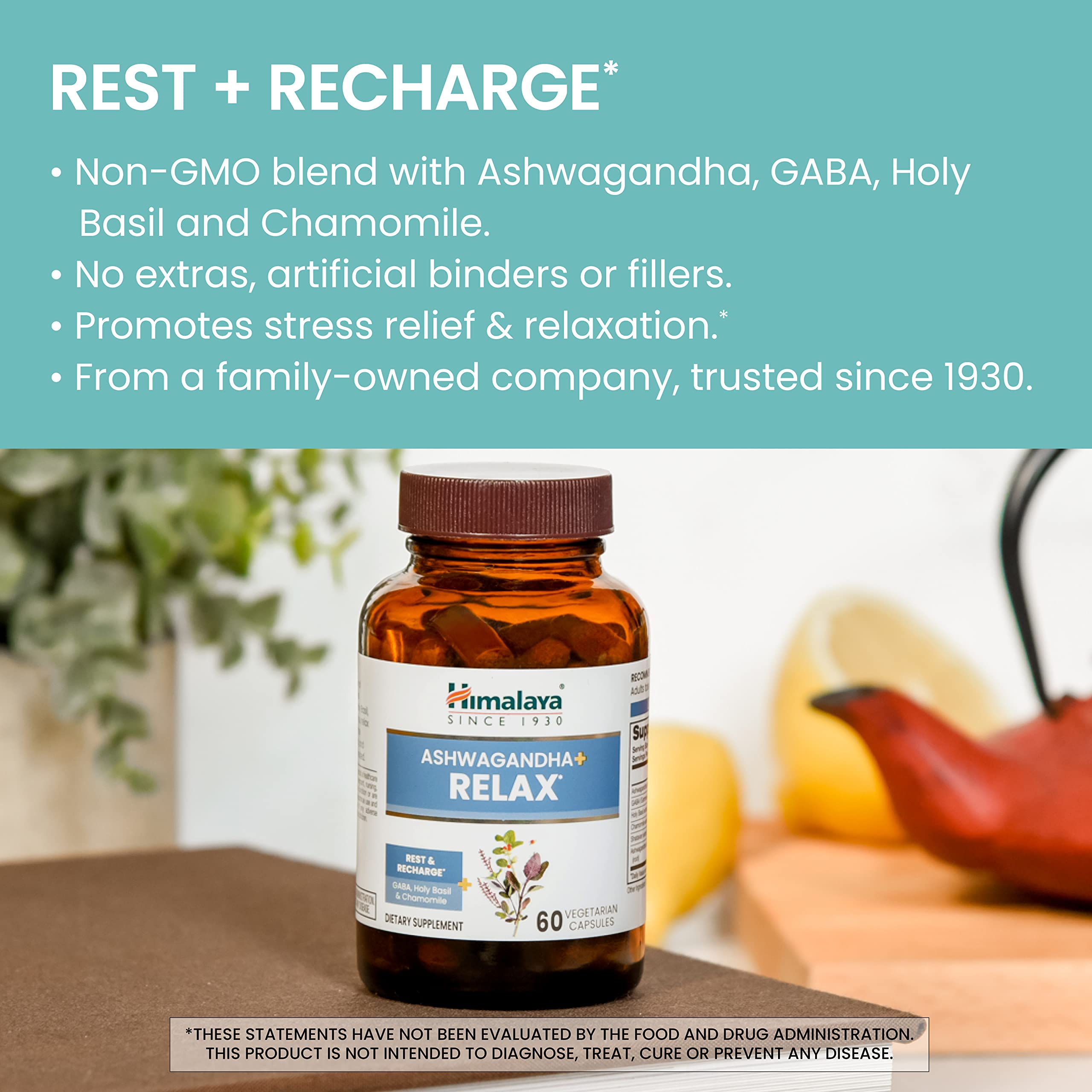 Himalaya Ashwagandha+ Relax with chamomile ingredients and calming botanicals