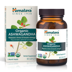 Himalaya Ashwagandha root bottle showing organic formula for daily support