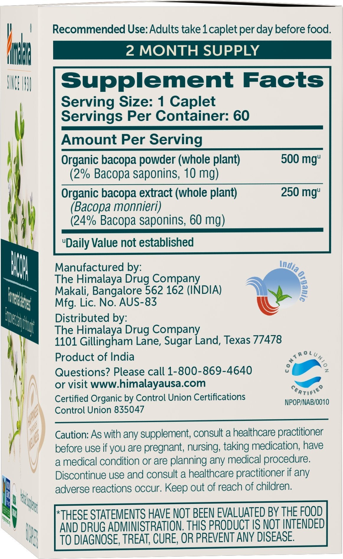 Himalaya Bacopa Monnieri bottle label highlights organic and non-GMO credentials