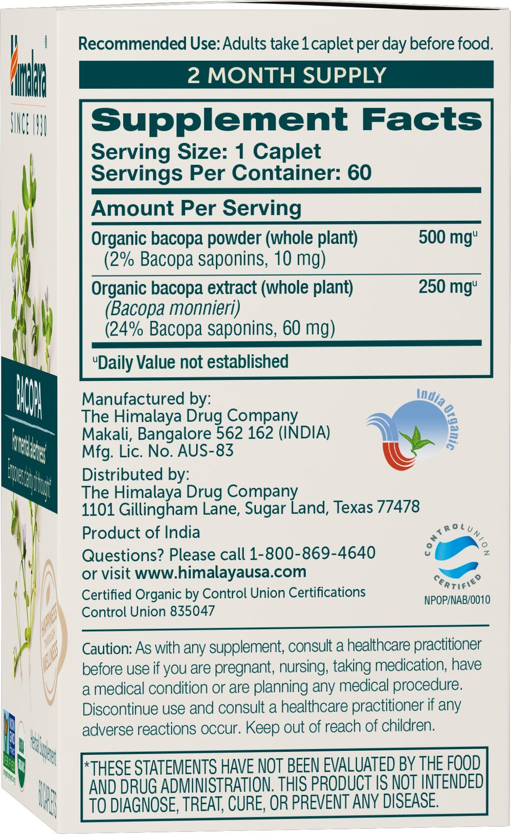 Himalaya Bacopa Monnieri bottle label highlights organic and non-GMO credentials