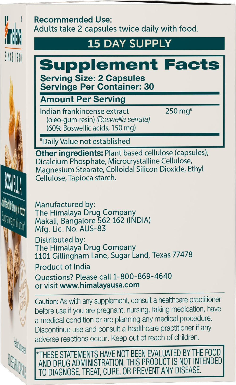 Himalaya Boswellia capsules close-up highlighting 250 mg per capsule