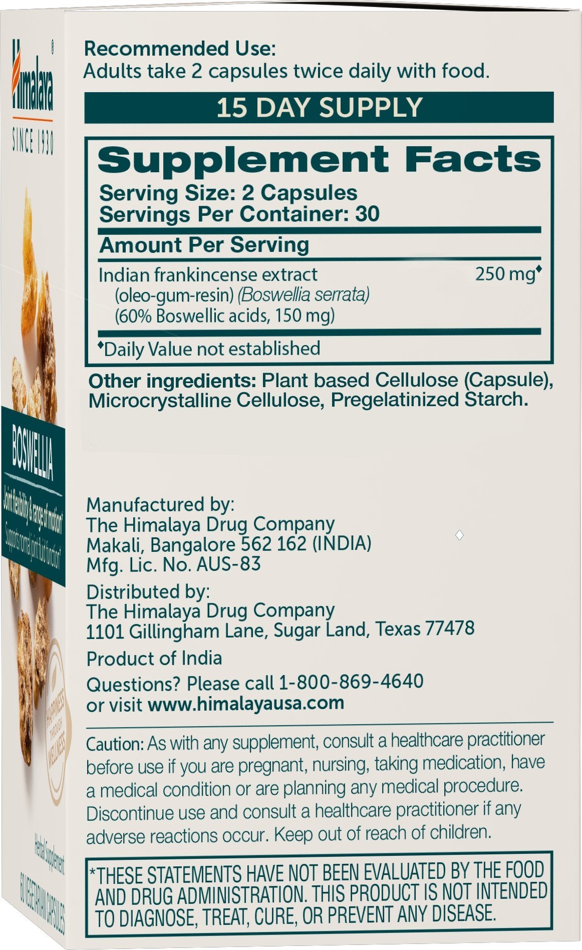 Closeup of Boswellia capsules highlighting 250 mg per serving for joint health