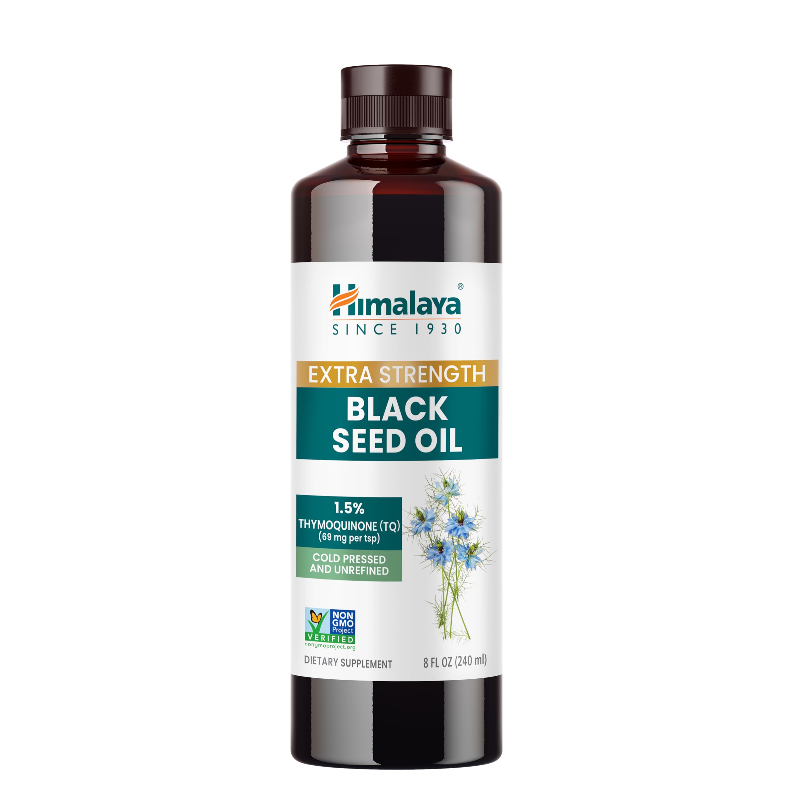 Himalaya extra strength black seed oil bottle showing premium cold-pressed oil for daily wellness.