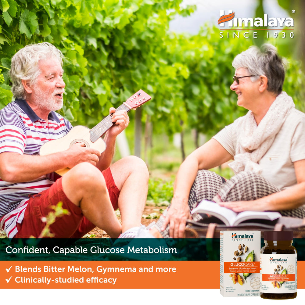 Himalaya GlucoCare bottle pour, convenient daily supplement for energy support.