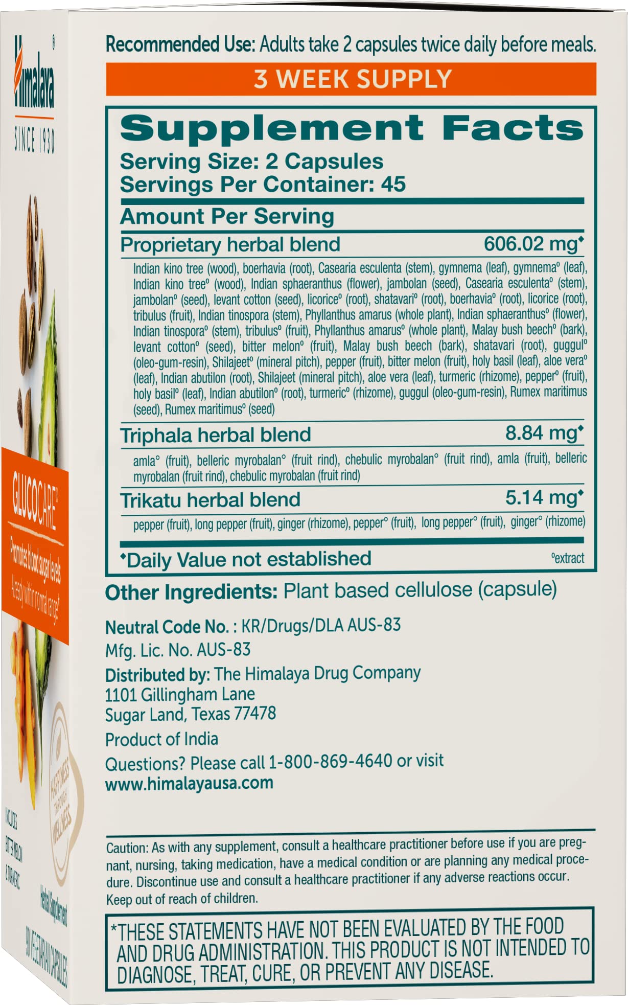 Himalaya GlucoCare capsules closeup, bitter melon and gymnema for metabolic balance.