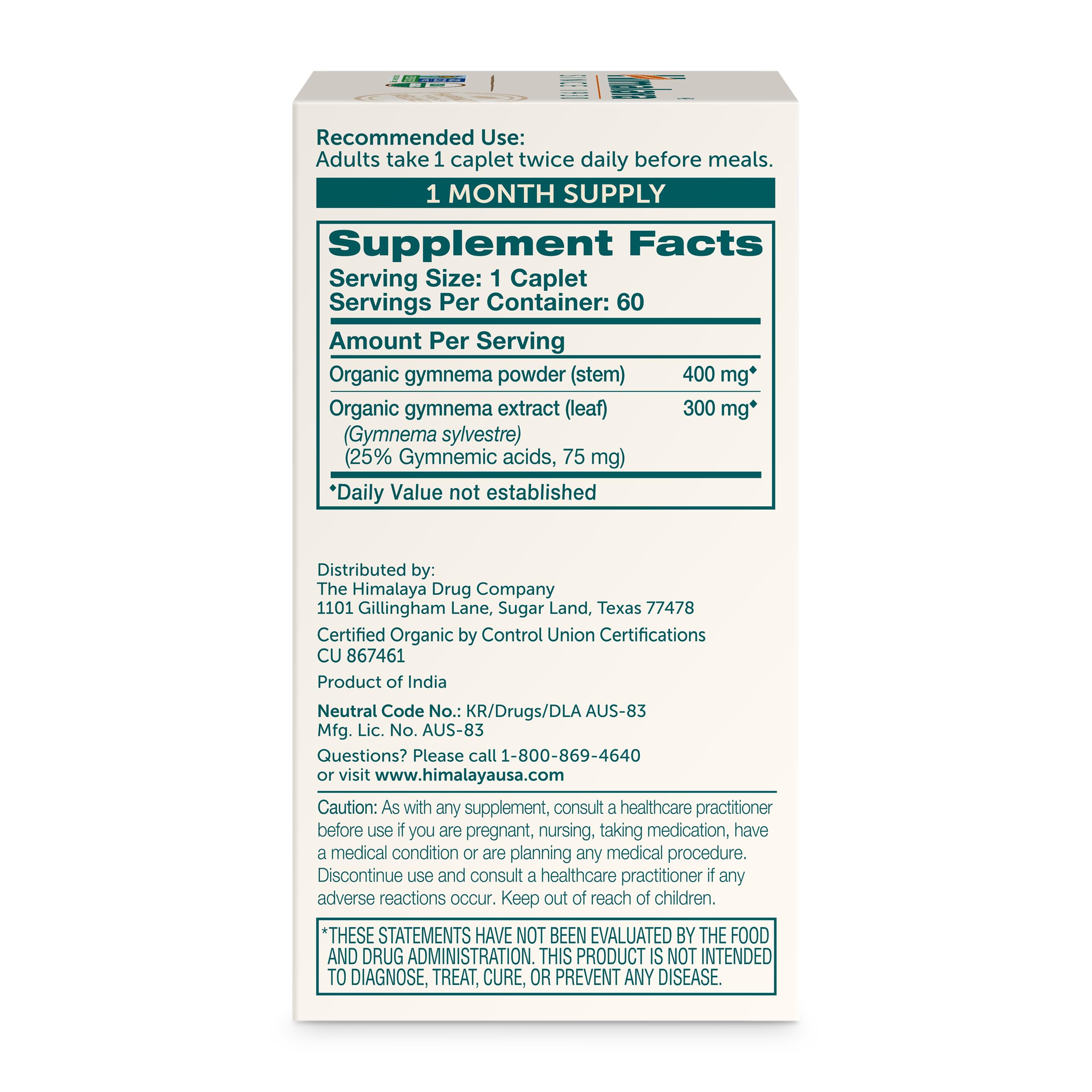 Himalaya Gymnema Sylvestre caplets close-up highlighting 700 mg per serving.