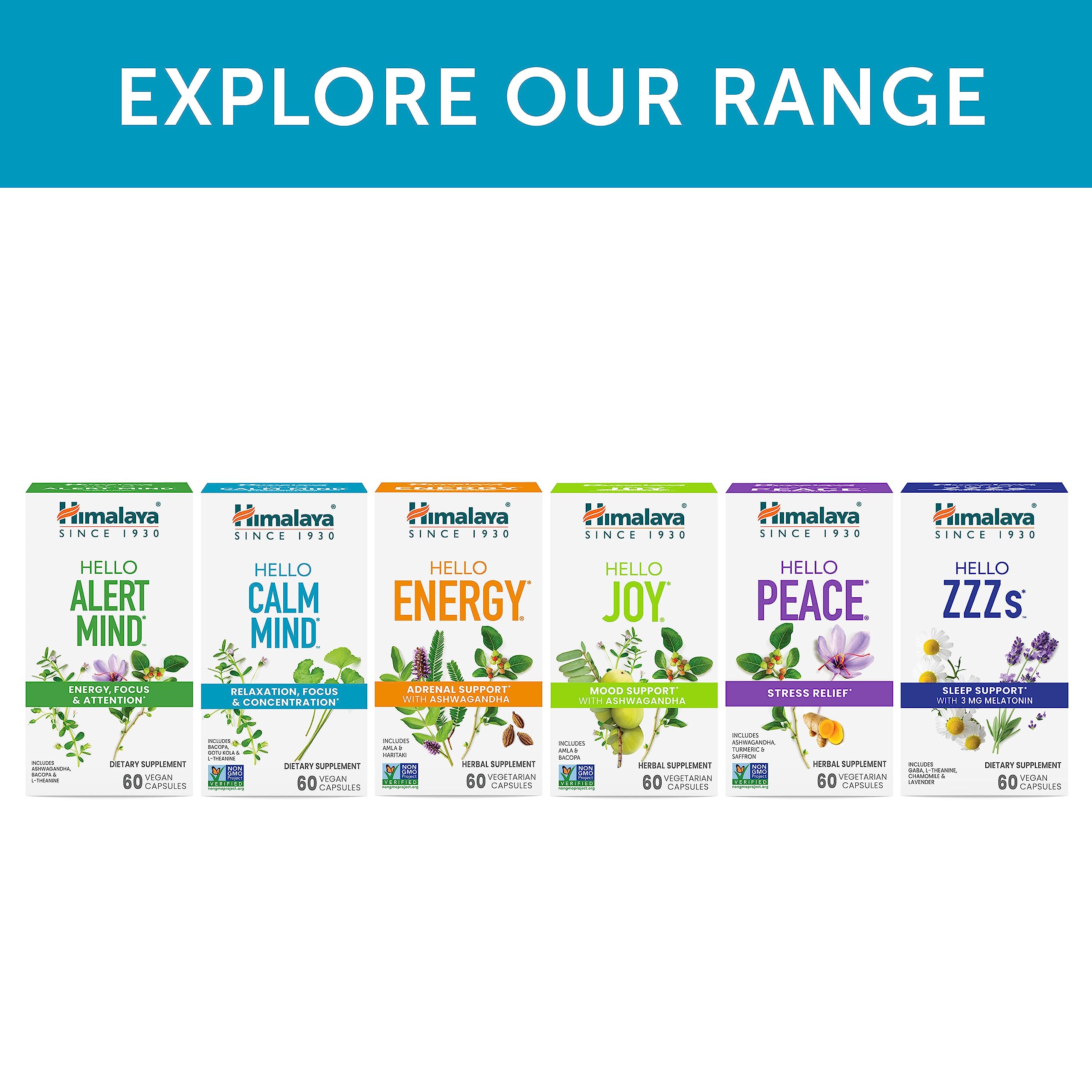 Himalaya Hello Calm Mind packaging on shelf highlighting vegan claim