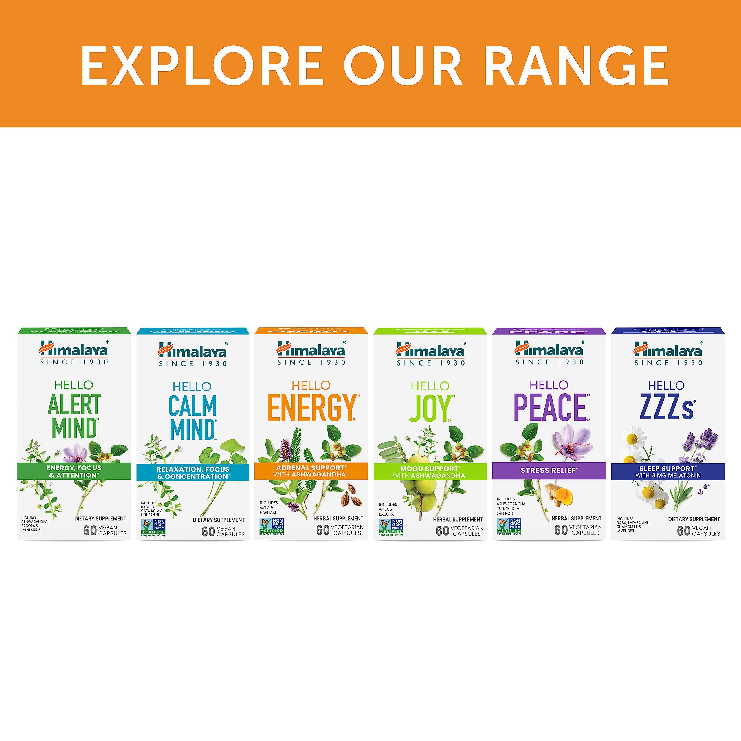 Himalaya Hello Energy label highlights non-GMO verification for transparency.