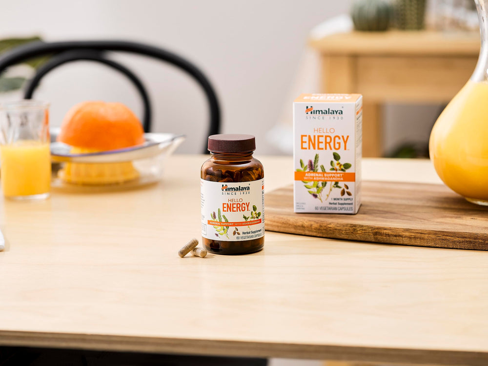 Himalaya Hello Energy box on shelf conveying trusted family-owned brand.