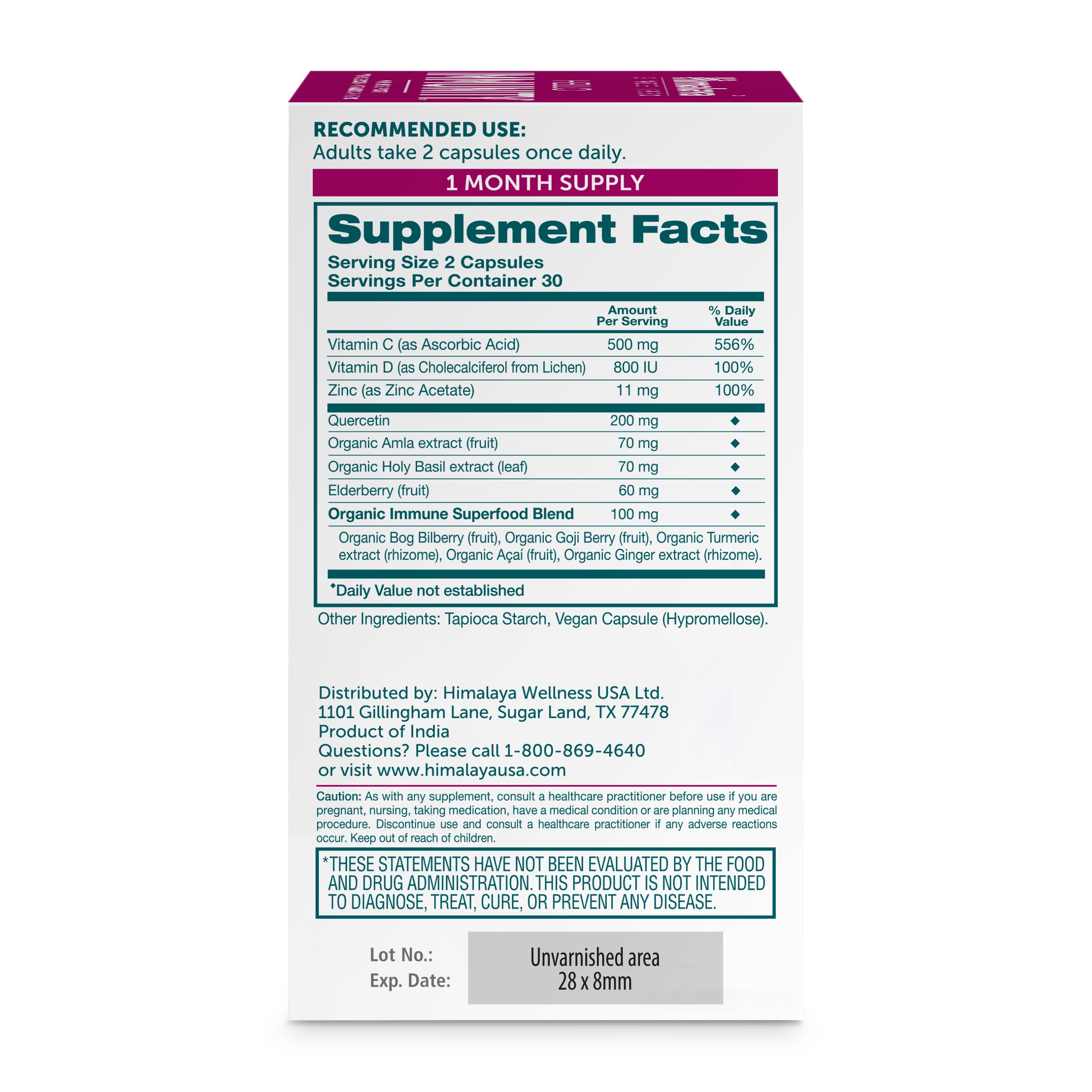Close-up of Himalaya Hello Immunity capsules highlighting 500 mg quercetin