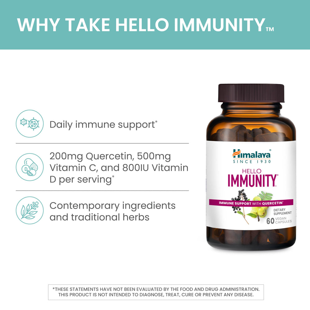 Label on Himalaya Hello Immunity shows 500 mg per caplet and dietary notes
