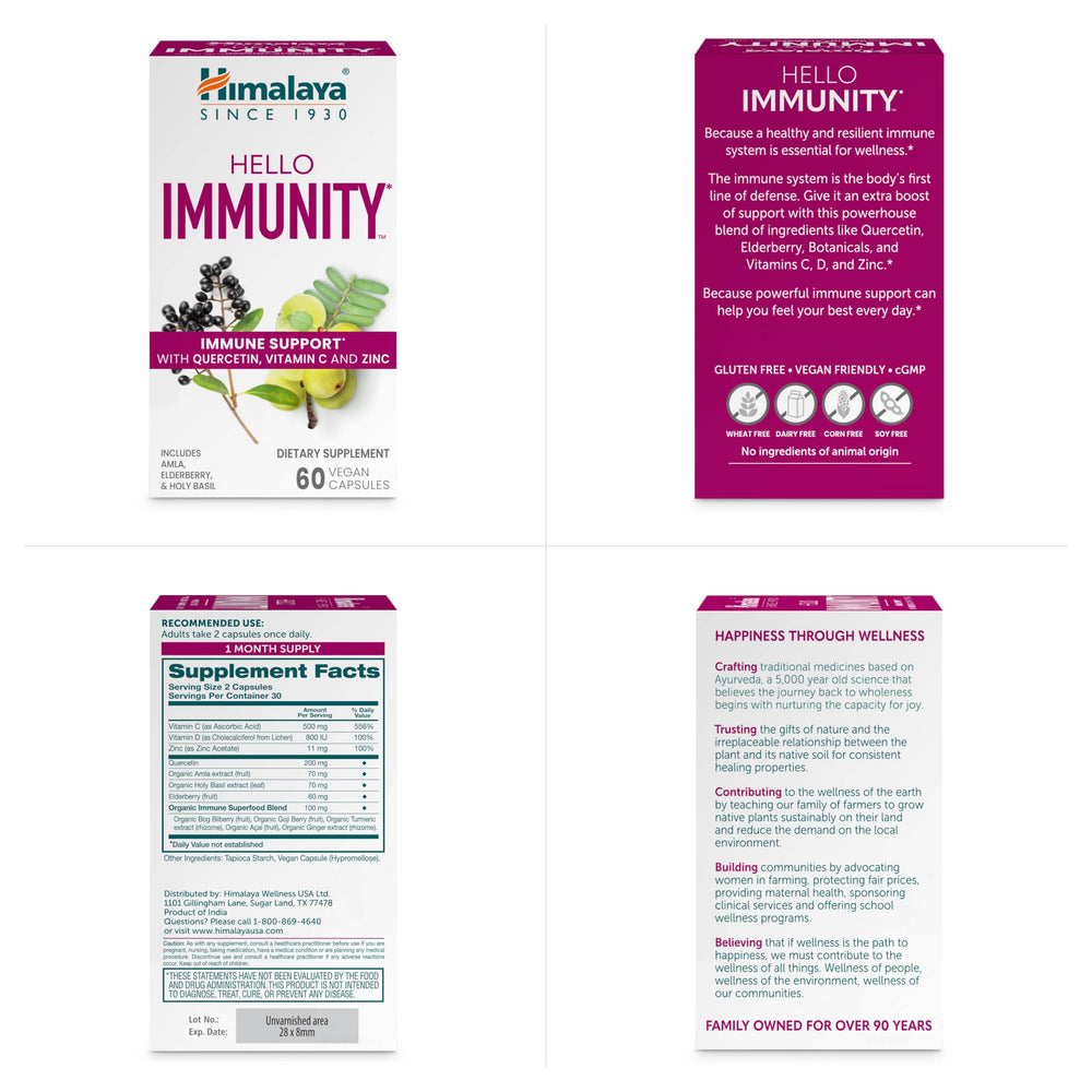 Himalaya Hello Immunity vegan and gluten-free badge on packaging