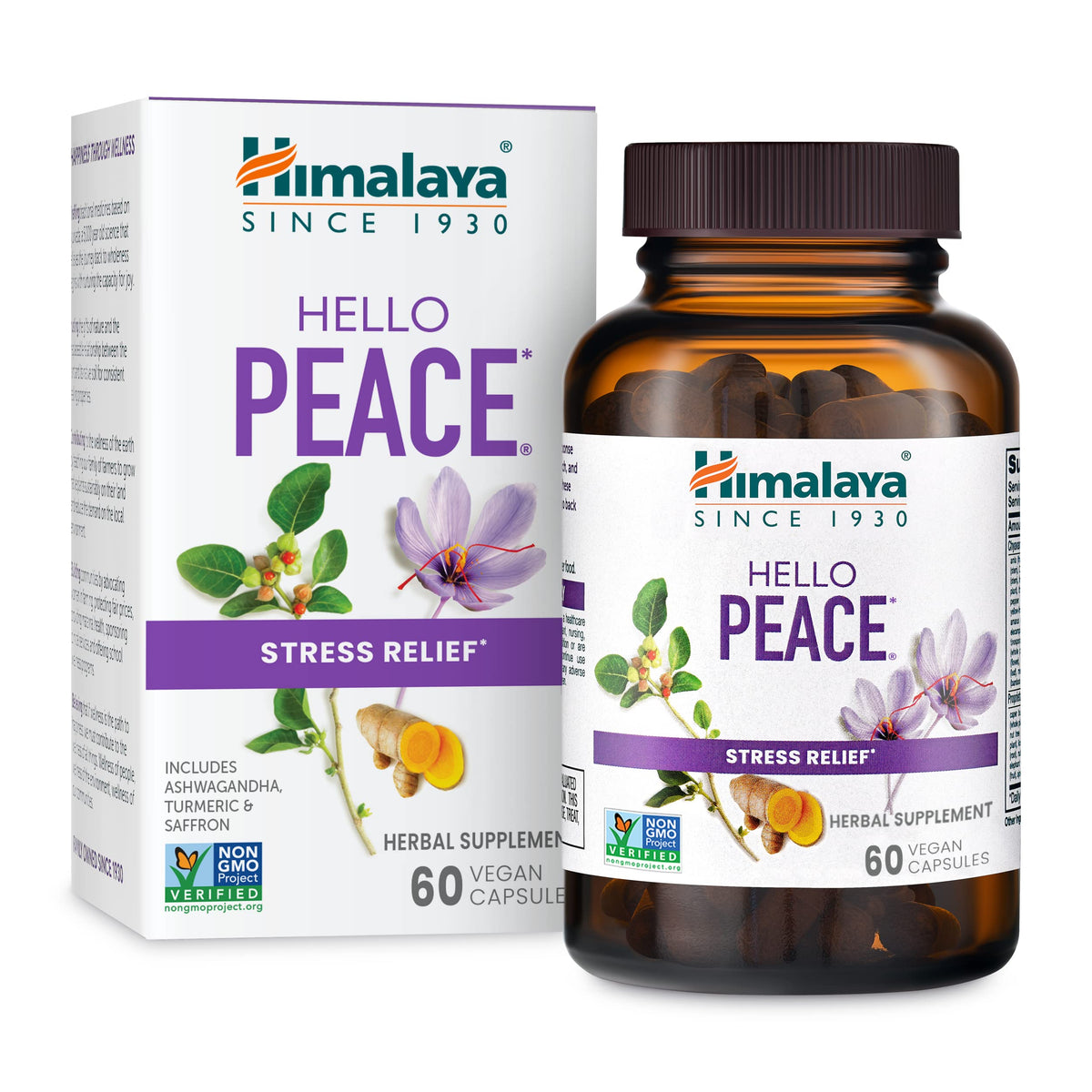 Himalaya Hello Peace bottle and capsules on a desk for daily stress relief.