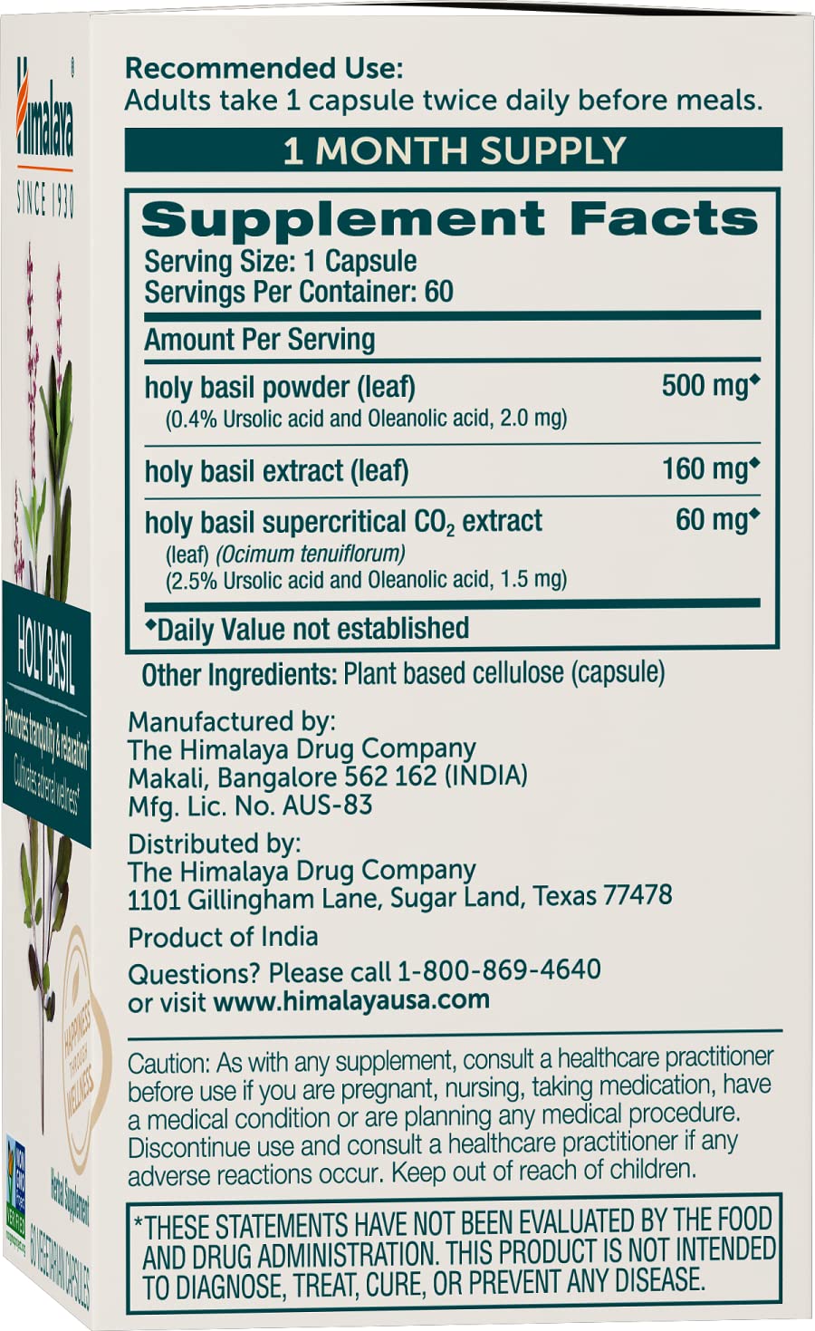Himalaya Holy Basil bottle on shelf signaling vegan, non-GMO wellness.