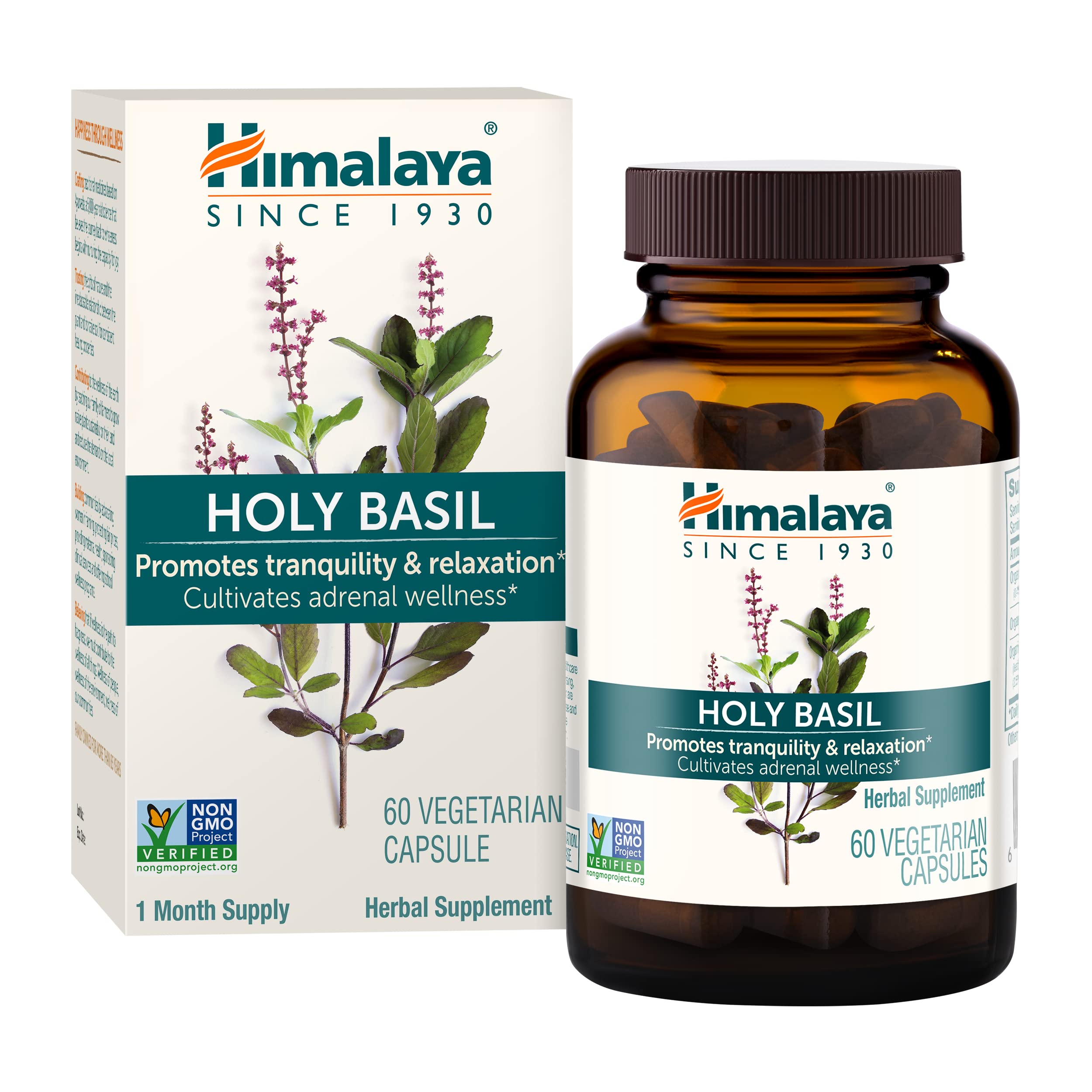 Himalaya Holy Basil capsules close-up for daily stress support in a calm routine.
