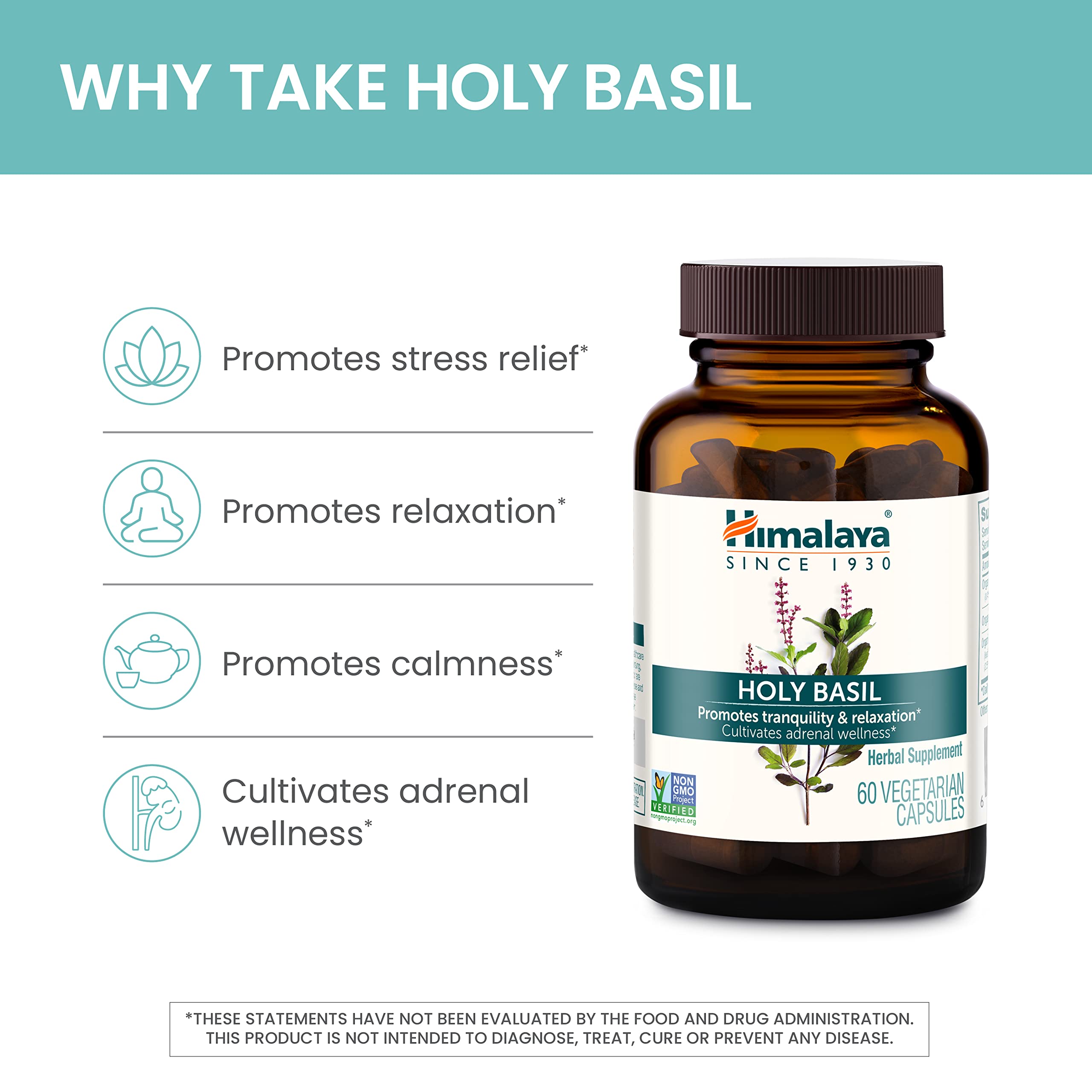 Himalaya Holy Basil ingredients label highlights extract-based potency.