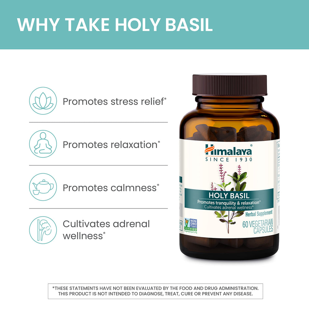 Himalaya Holy Basil ingredients label highlights extract-based potency.