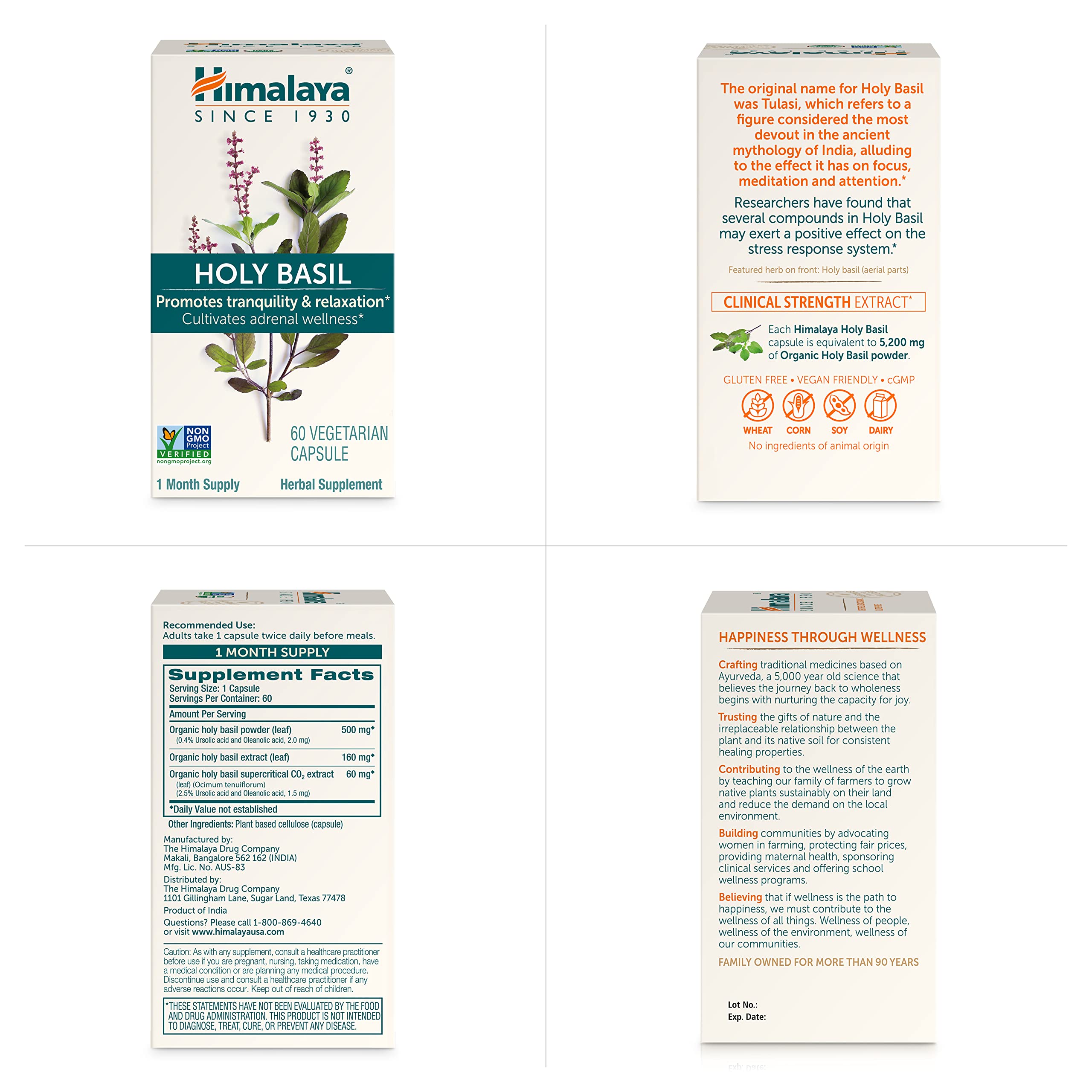 Himalaya Holy Basil vegan non-GMO icons emphasize dietary-friendly features.