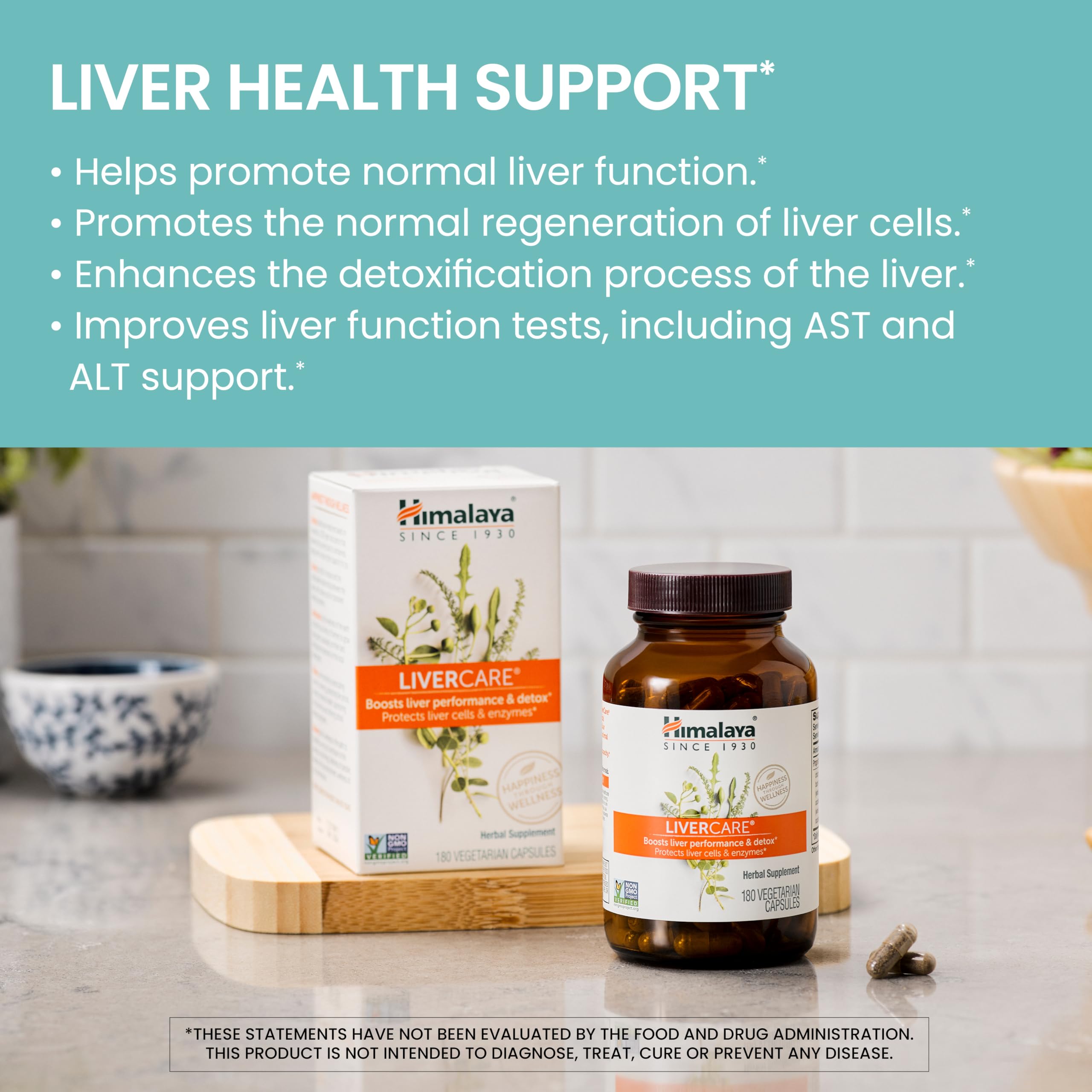 Himalaya LiverCare label shot showing non-GMO and vegan quality.