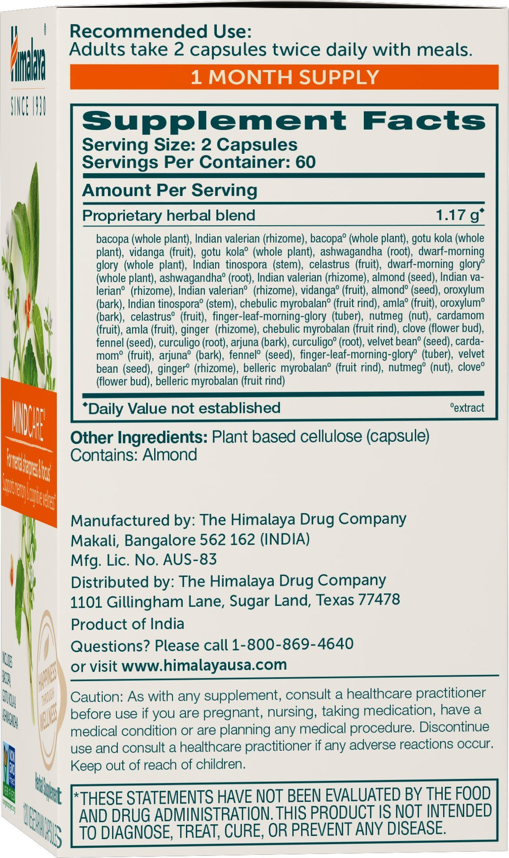 Himalaya MindCare capsules closeup highlighting herbs.