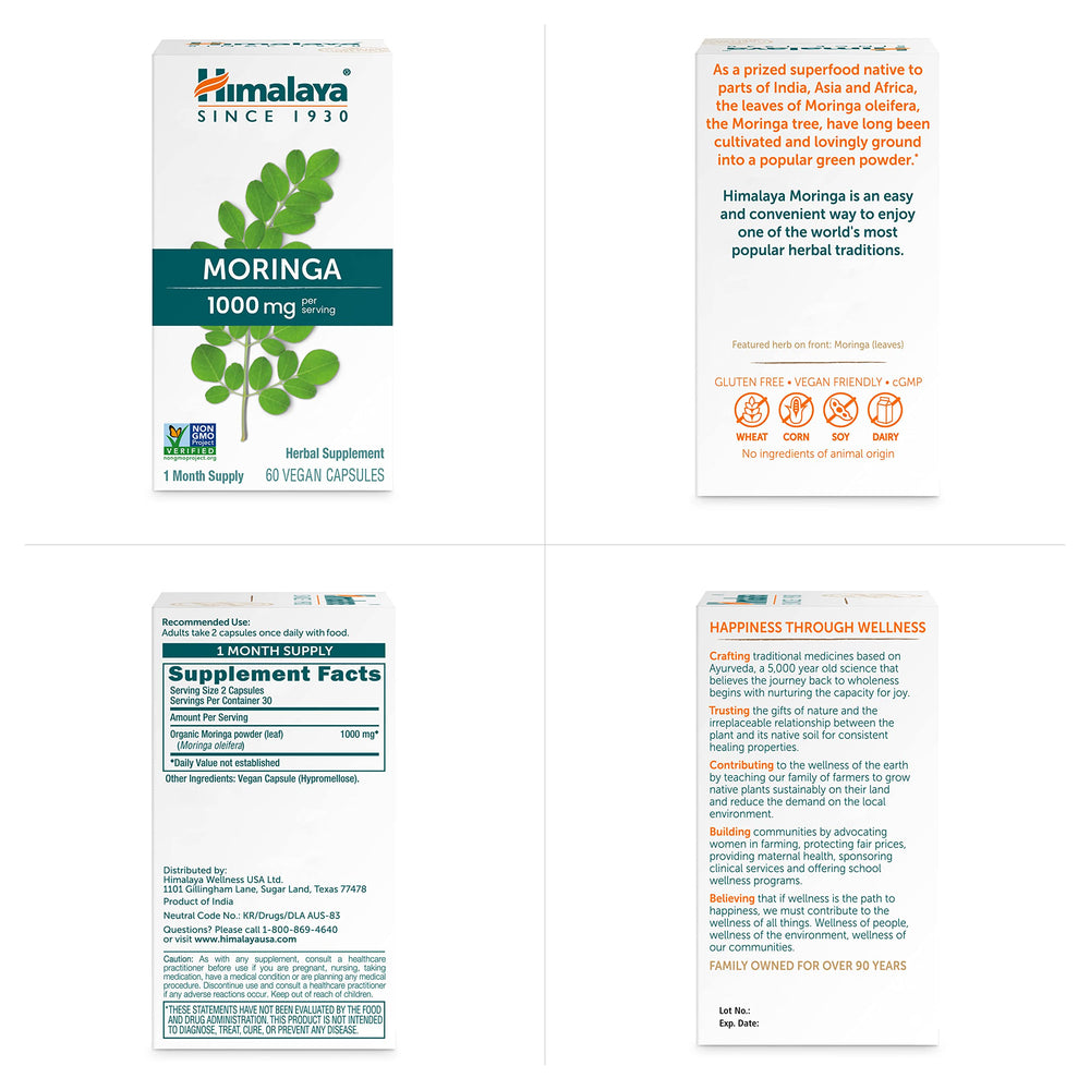 Himalaya Moringa bottle with 1000 mg per capsule label.