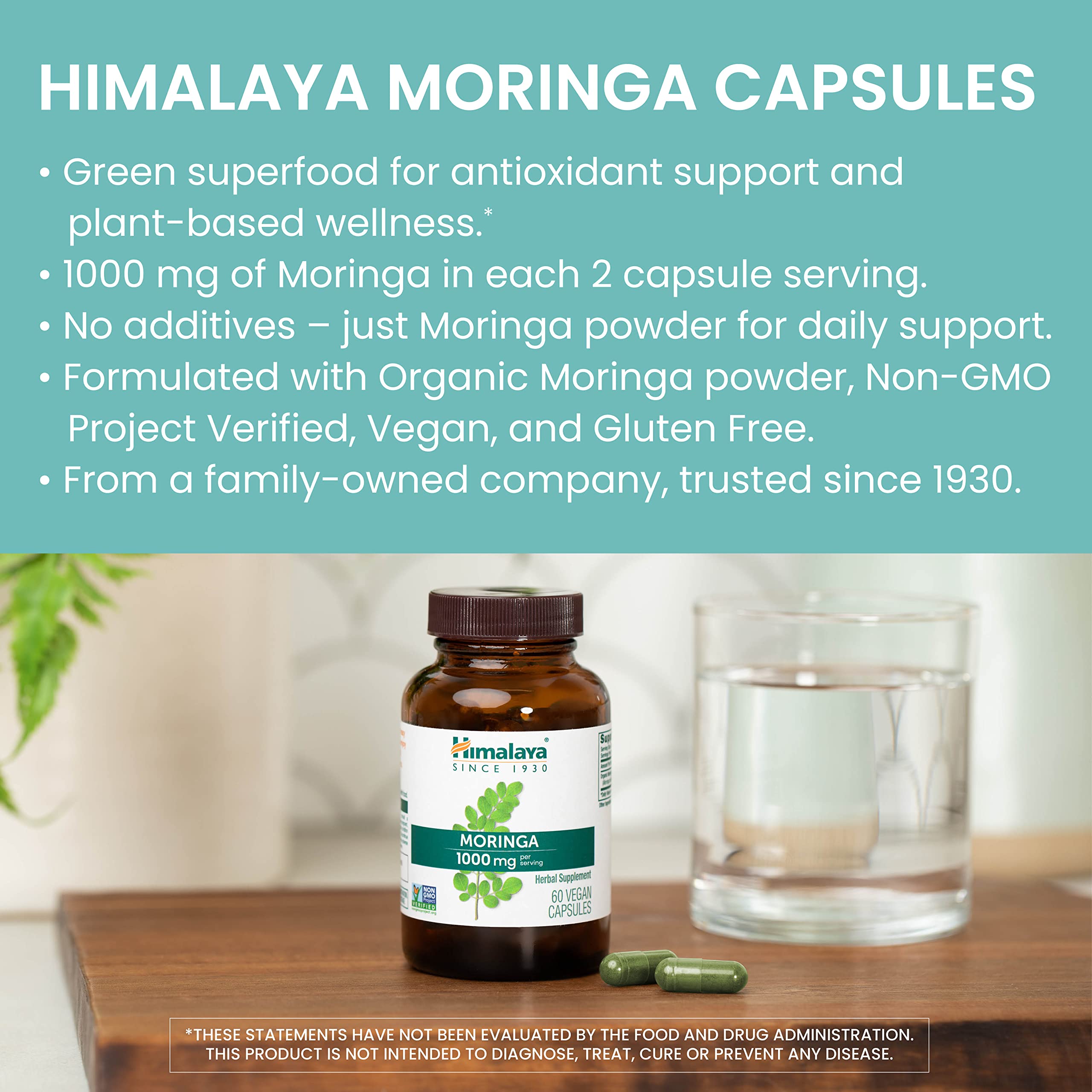 Himalaya Moringa organic leaf powder pack highlights pure Ayurvedic ingredient.