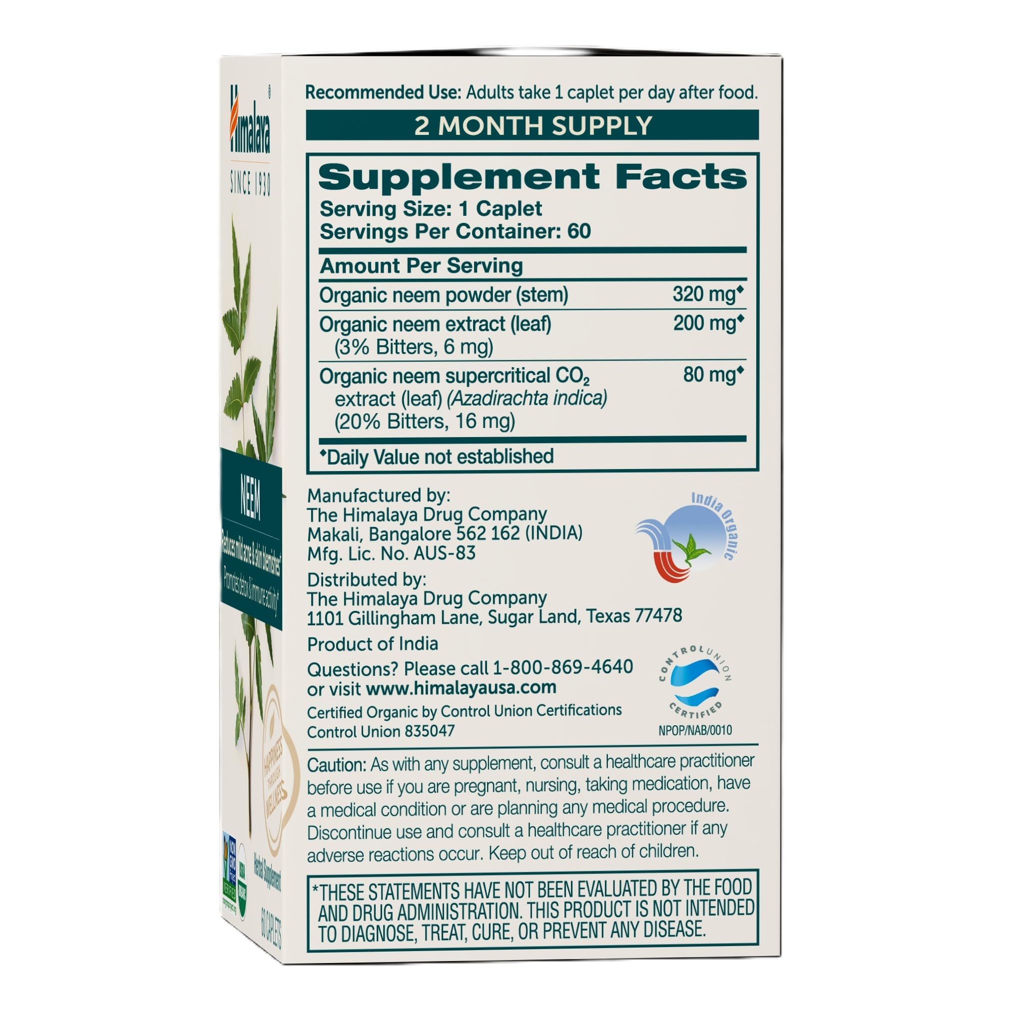 Himalaya Neem capsules close-up highlighting potent extract in vegan, gluten-free formula.