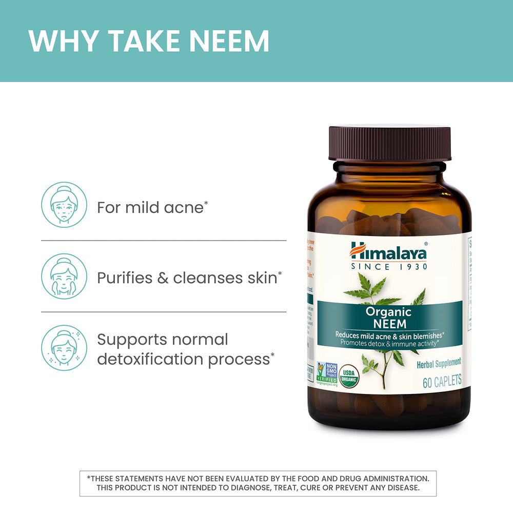 Himalaya Neem packaging box showing gluten-free vegan product labeling.