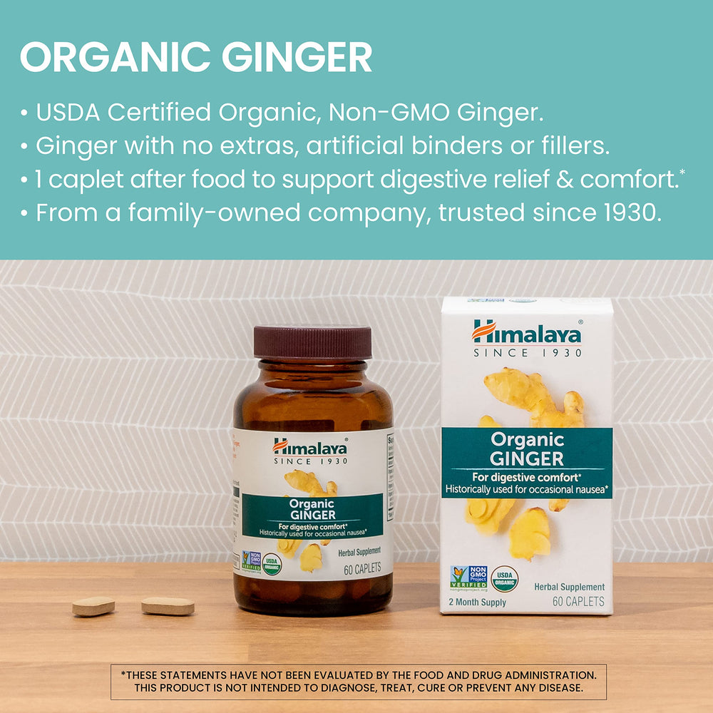 Himalaya Organic Ginger label emphasizes organic, vegan, non-GMO formulation.