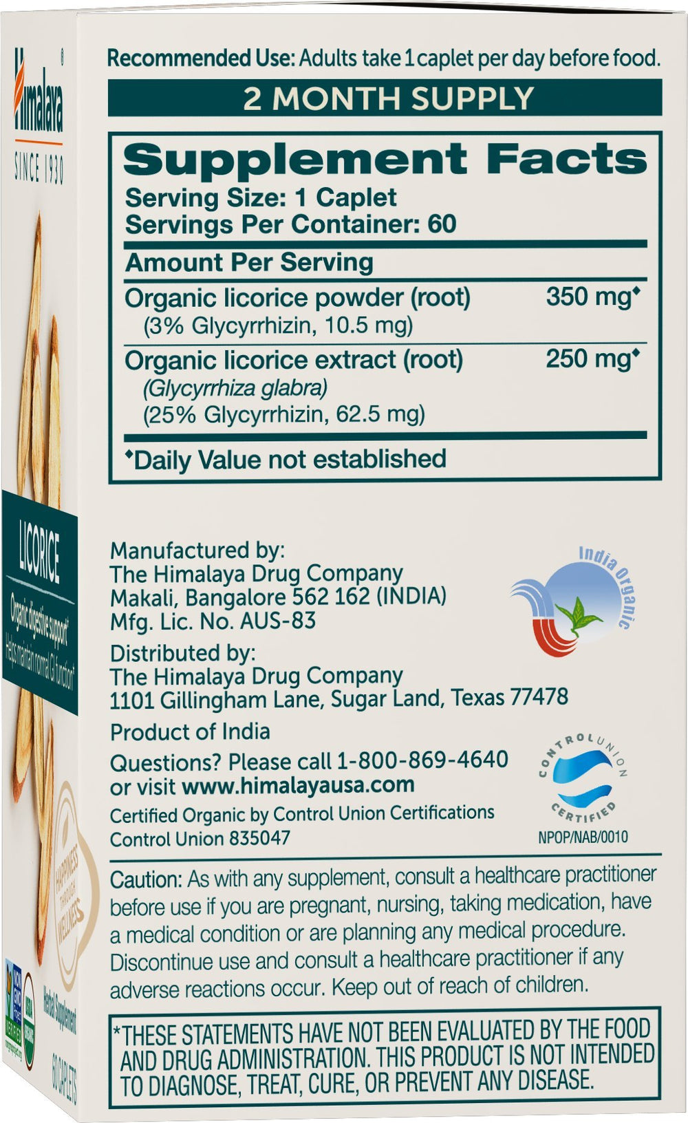 Himalaya Organic Licorice caplets being poured for daily digestive comfort.