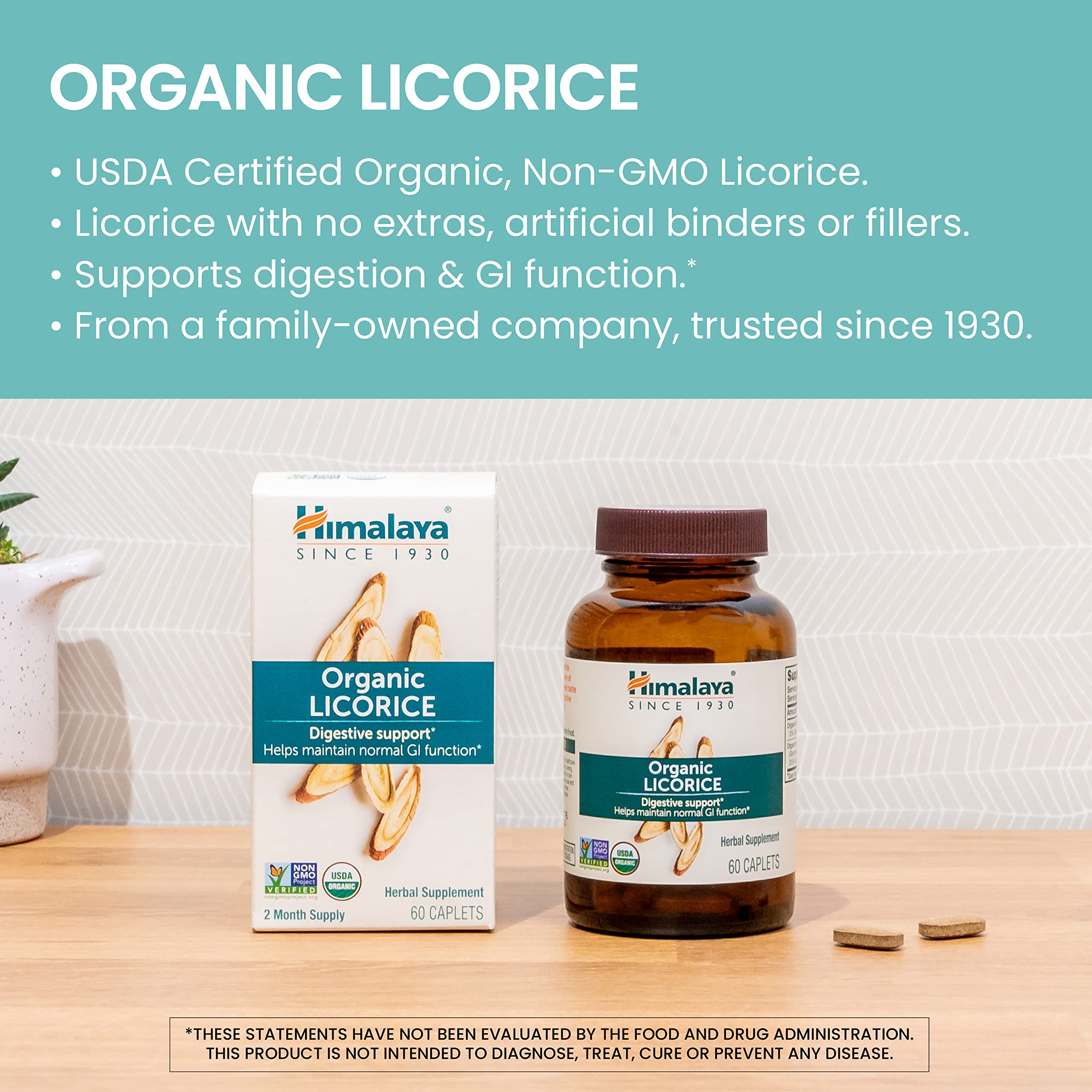 Himalaya Organic Licorice ingredients display organic powder and extract.