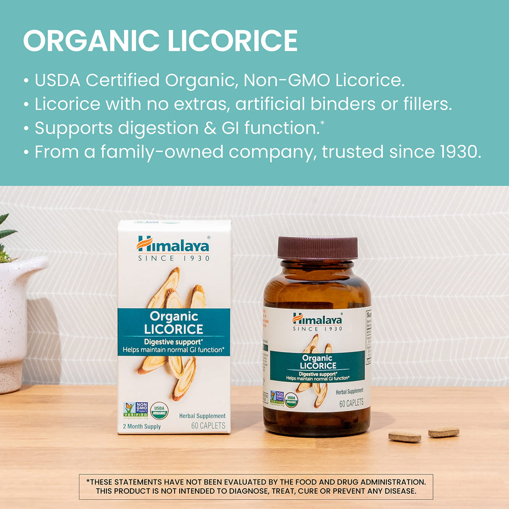 Himalaya Organic Licorice ingredients display organic powder and extract.