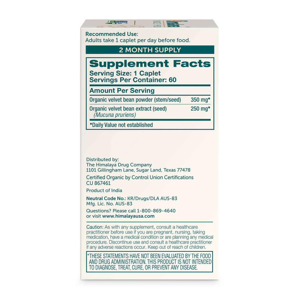 Himalaya Organic Mucuna Pruriens caplets close-up showing vegan, non-GMO, gluten-free formula.