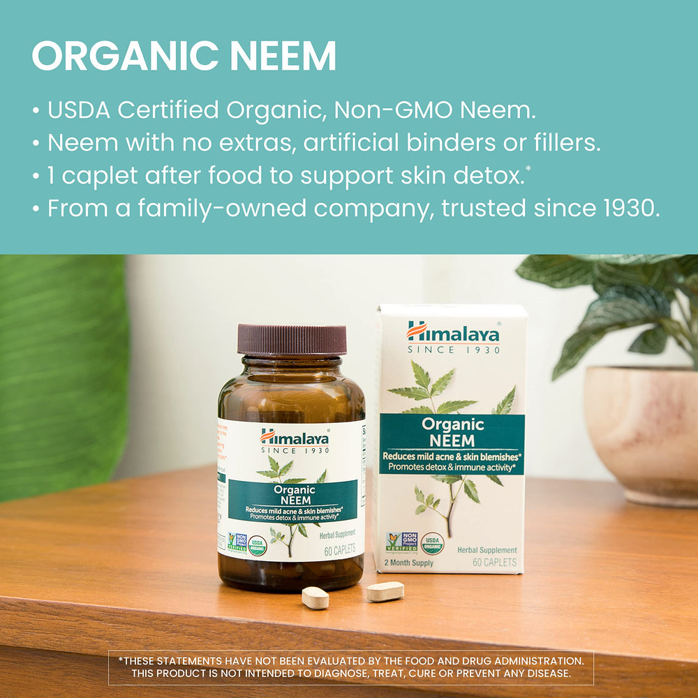 Himalaya Organic Neem label indicating USDA Organic certification and quality.