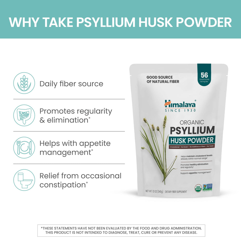 Himalaya Psyllium Husk Powder organic label showing USDA certification