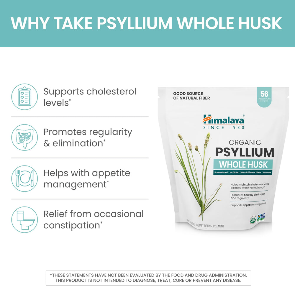 Unflavored Himalaya Psyllium Whole Husk packaging displaying pure organic formula.