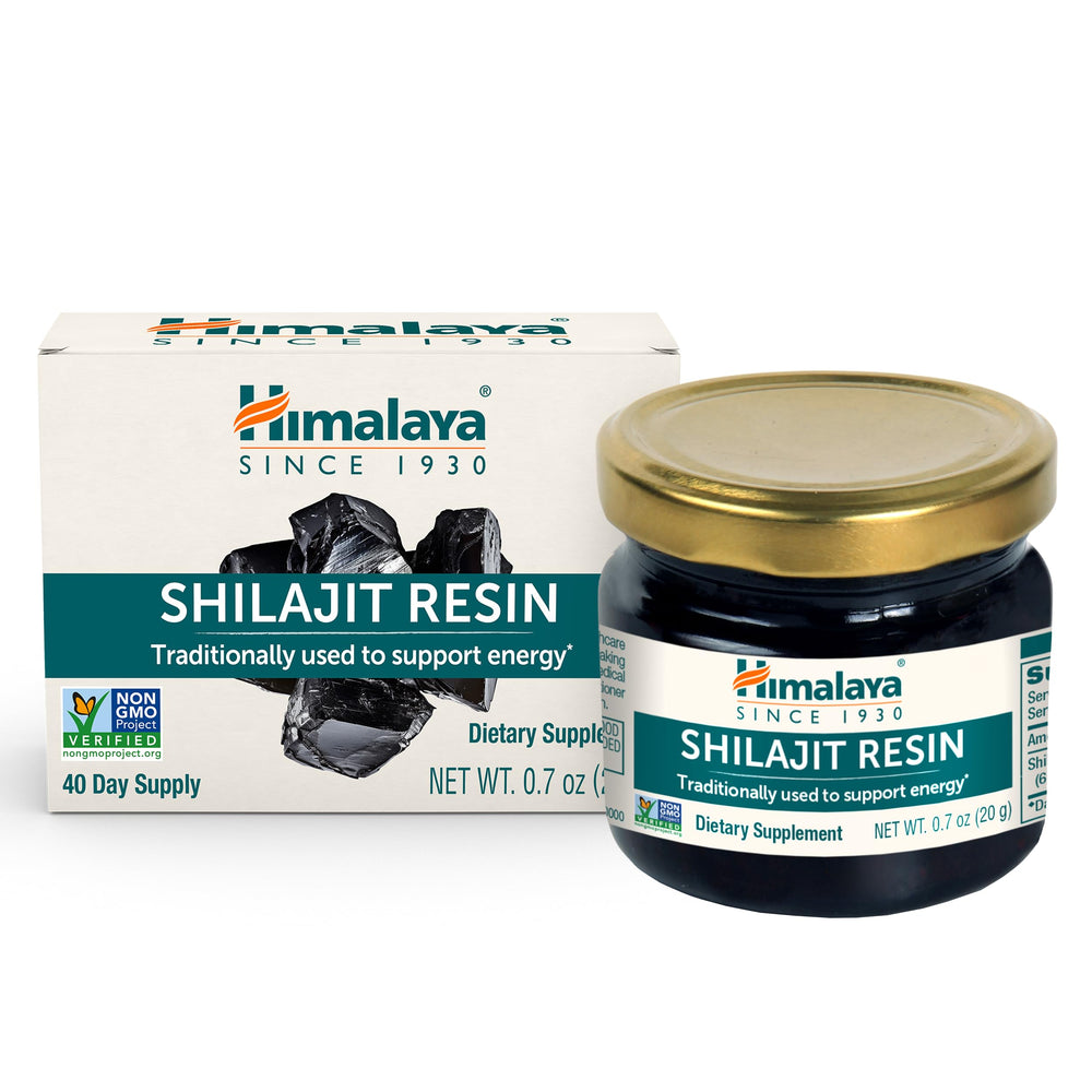 Himalaya Shilajit Resin jar-front showing amber resin for daily energy support.