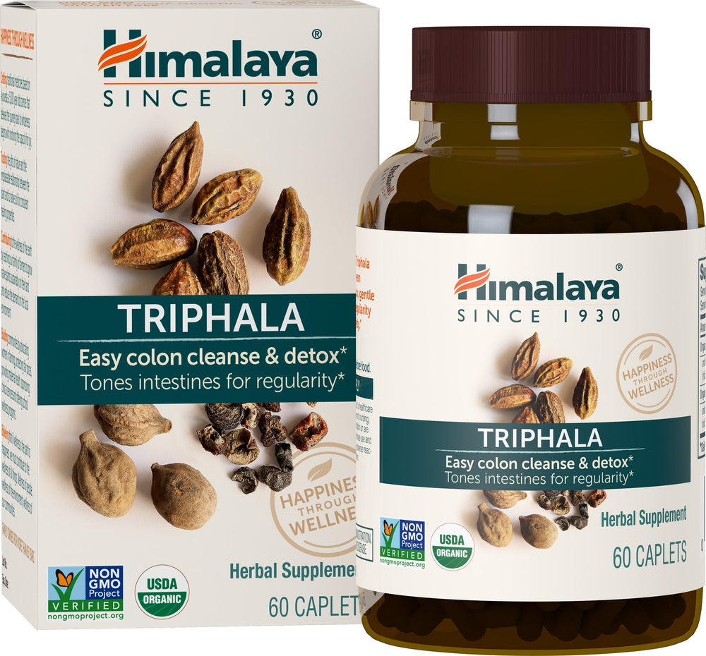 Himalaya Triphala bottle with caplets for digestive support.