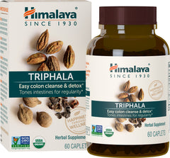 Himalaya Triphala bottle with caplets for digestive support.