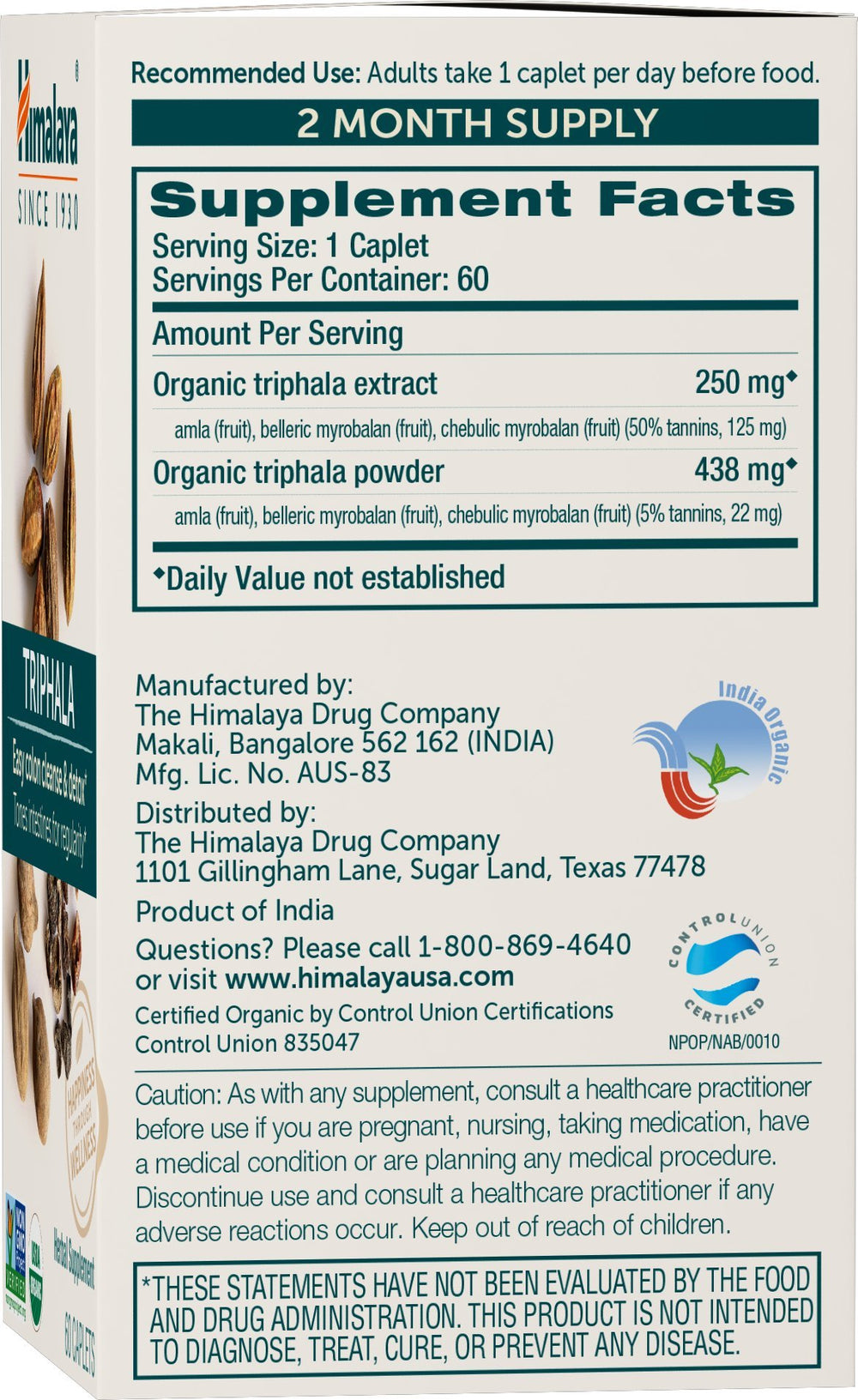 Close-up of Himalaya Triphala bottle front label highlighting organic quality.