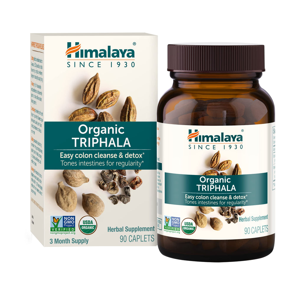 Himalaya Triphala bottle front showing the organic digestive supplement for daily use