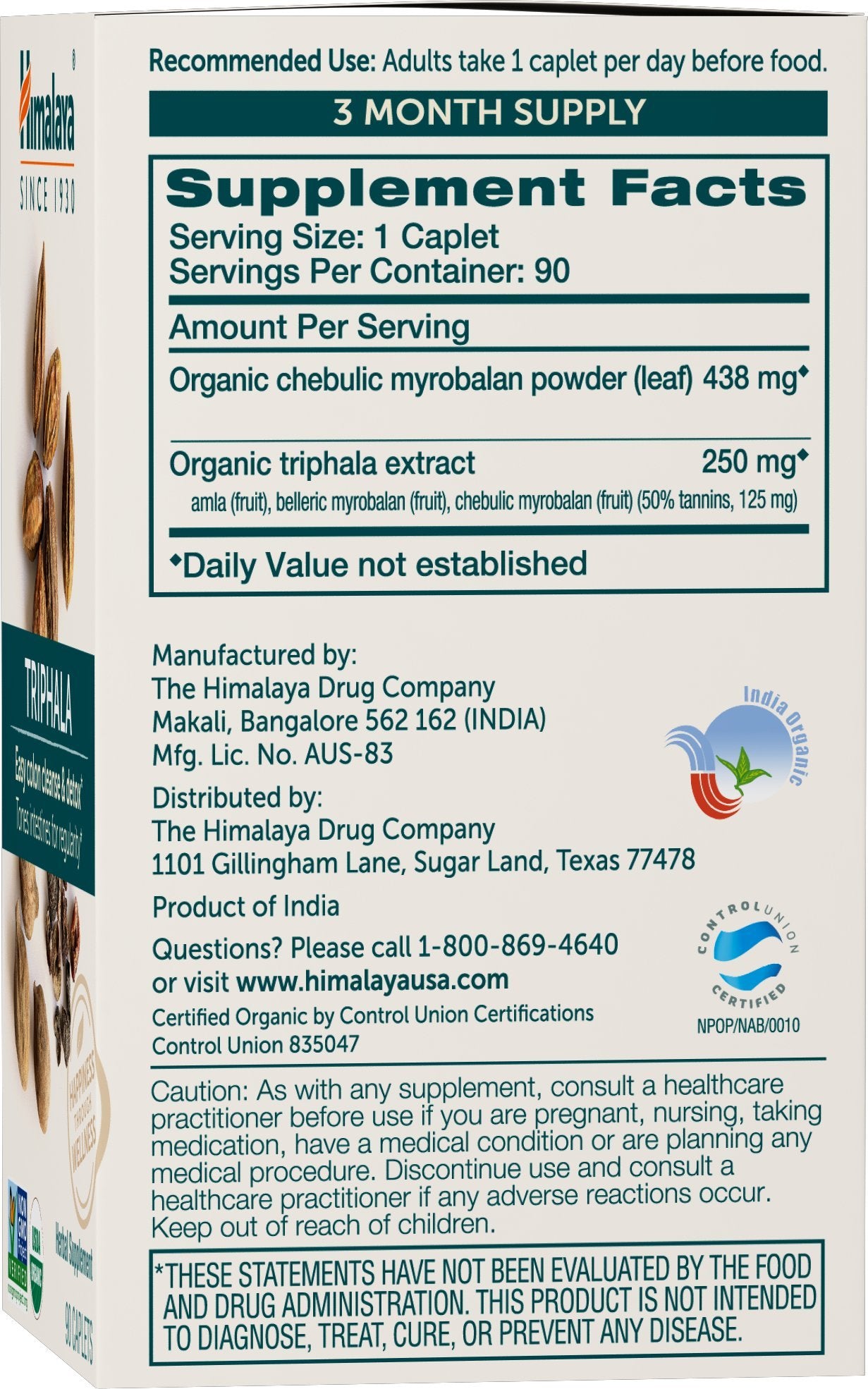 Himalaya Triphala capsules closeup highlighting vegan, non-GMO formula