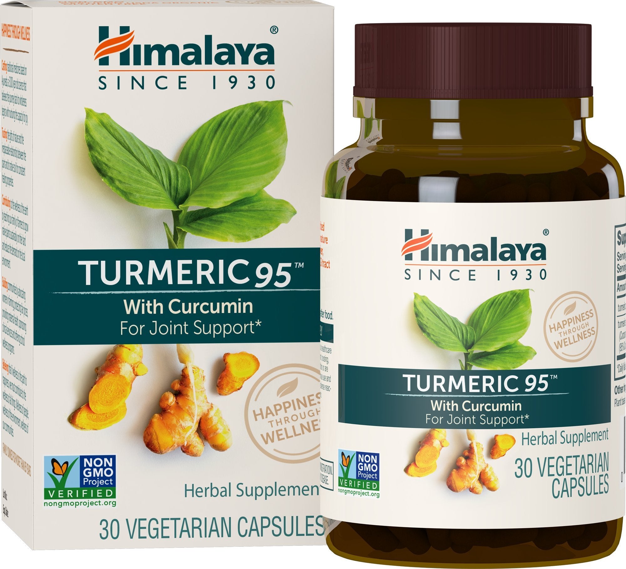 Himalaya Turmeric 95 bottle with label highlighting 95% curcuminoids for joints