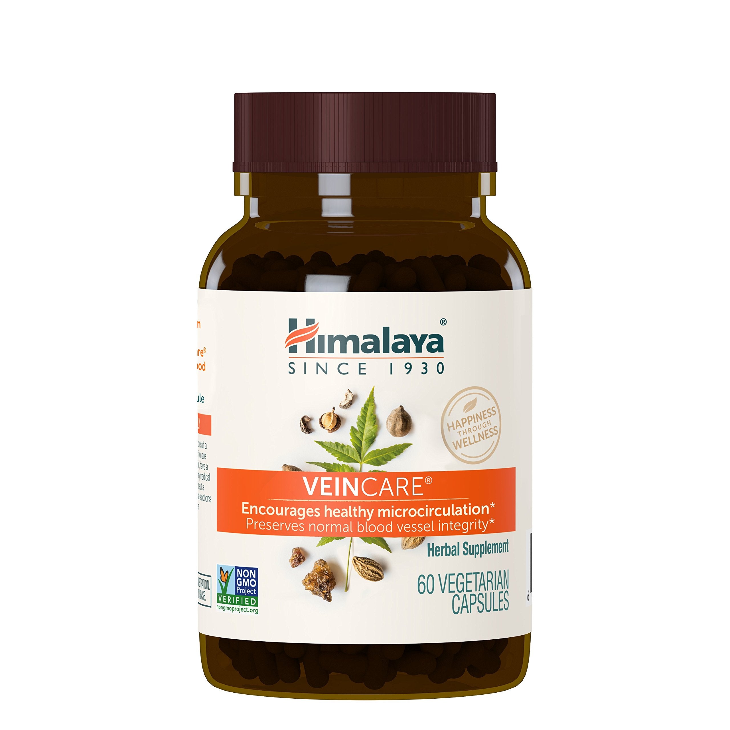 Himalaya Veincare bottle label highlights vegan, non-GMO circulation support