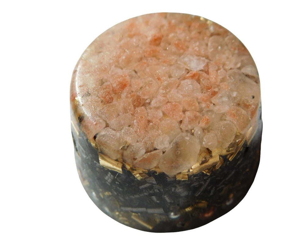 Himalayan Pink Salt Single Crystal Tower Buster Orgone Generator desk setup presents elegant decorative energy tool