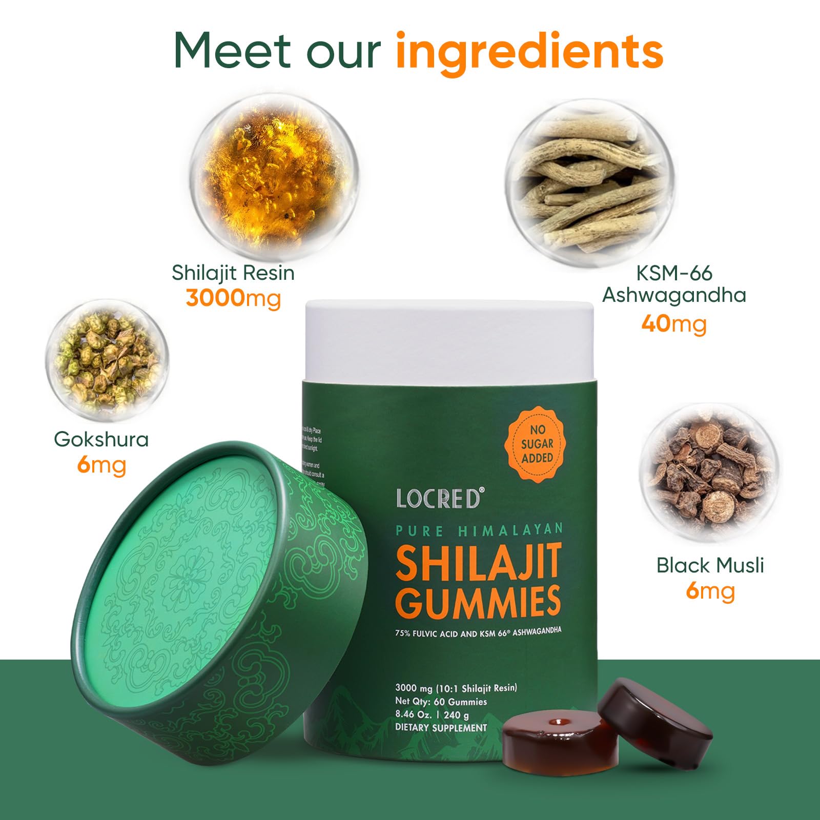 No added sugar label visible on Himalayan Shilajit Gummies bottle for clean taste.