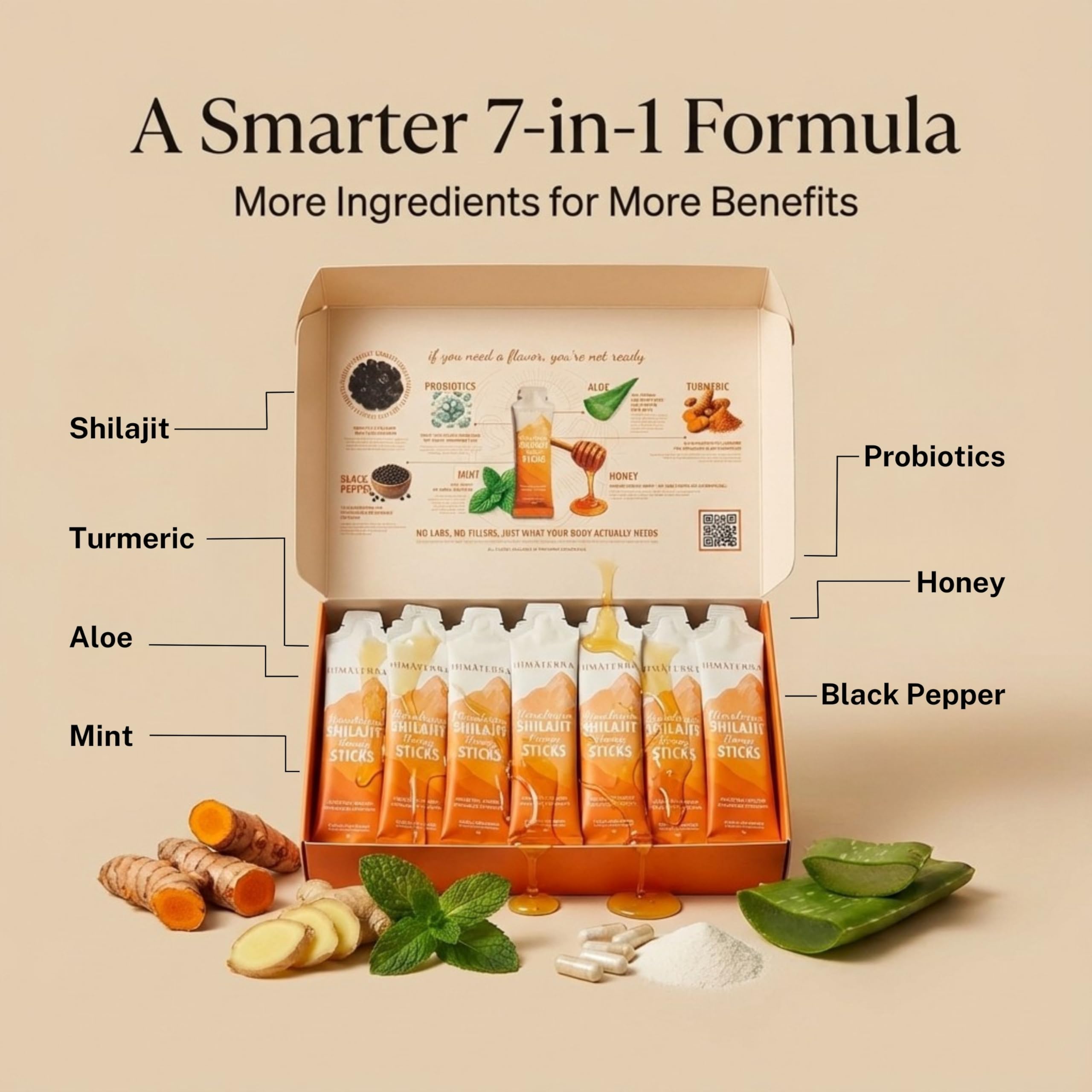 HIMĀTERRA Shilajit Honey Sticks closeup resin with minerals in focus.