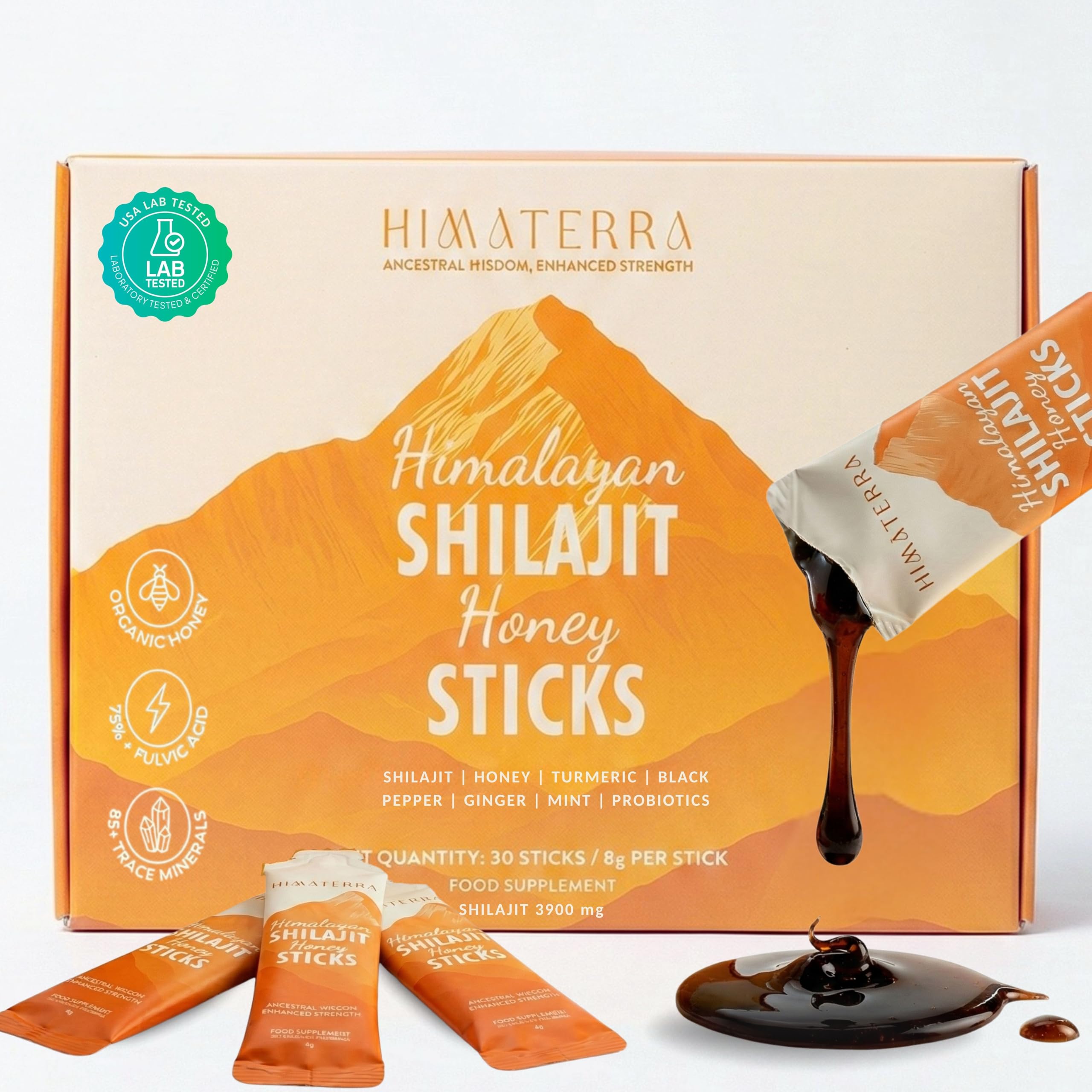 HIMĀTERRA Shilajit Honey Sticks pack for easy daily energy support.